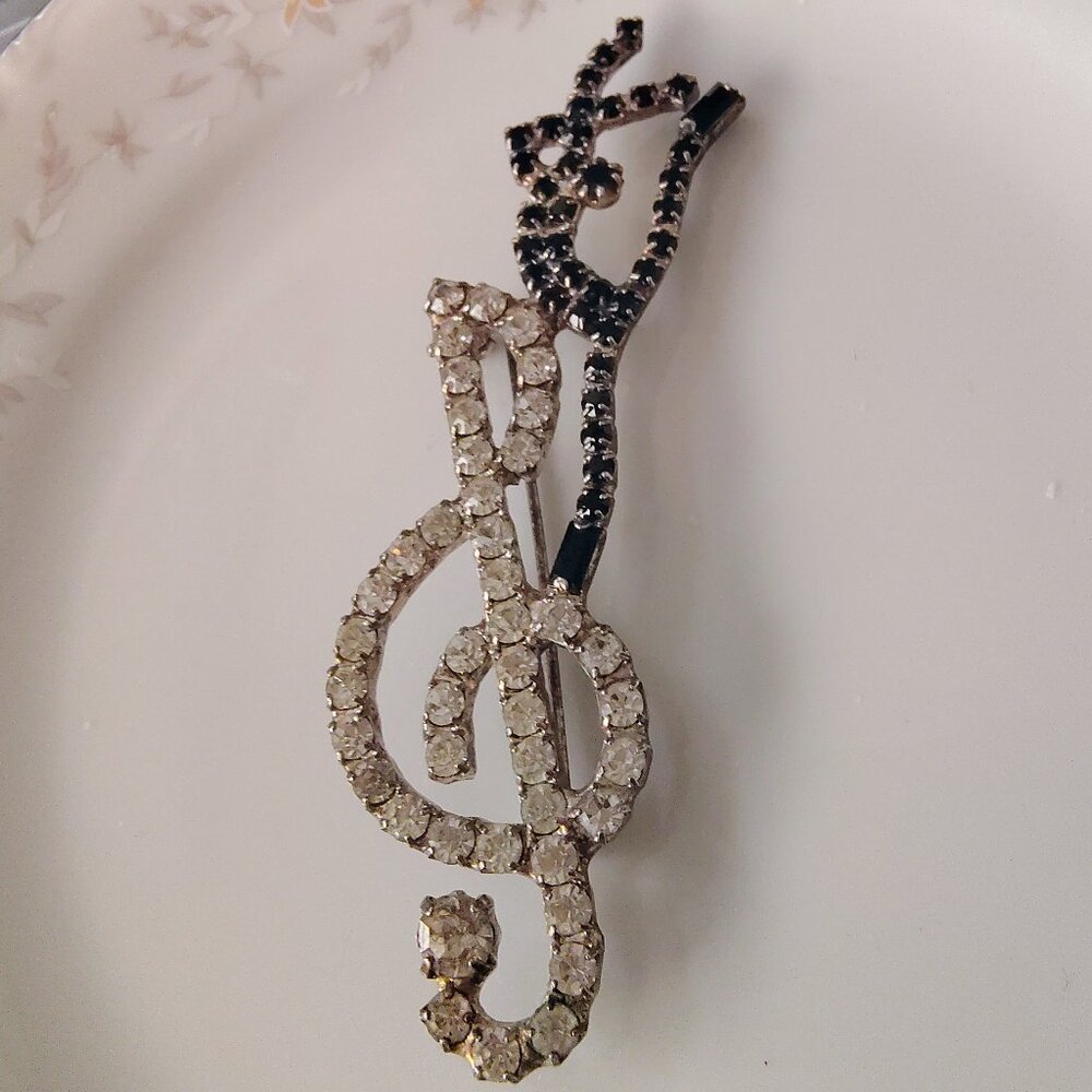 Vtg Silver Tone Large Clear Rhinestone Music Treble Clef Brooch Tiny Dancer